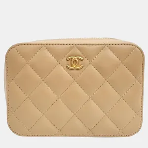 Beige Lambskin Leather Mini Pearl Crush Camera Bag