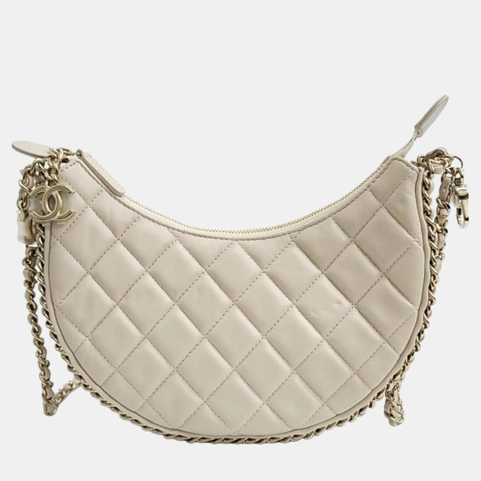 Beige Leather Small Hobo Bag