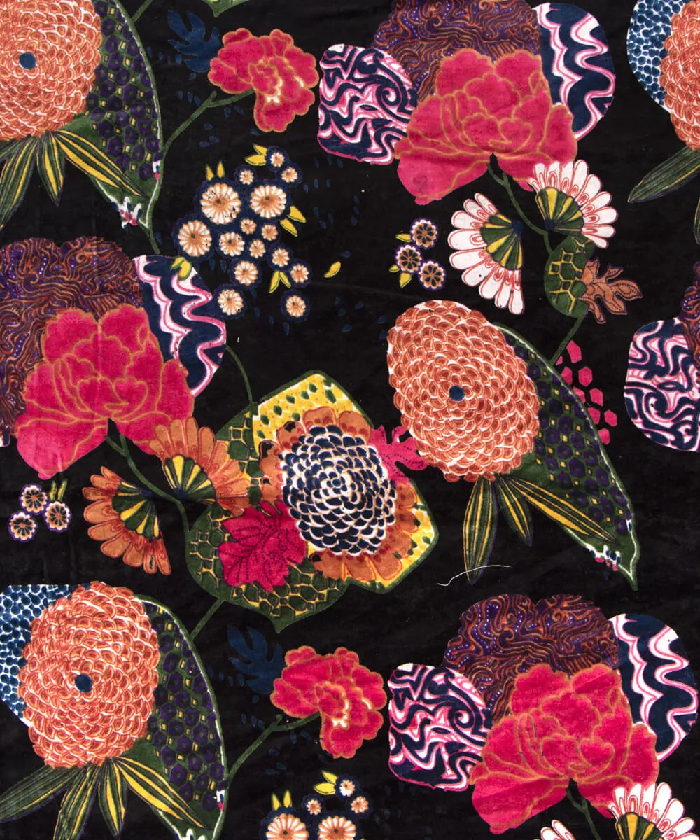 Black Colour Floral Digital Print Cotton Velvet Fabric