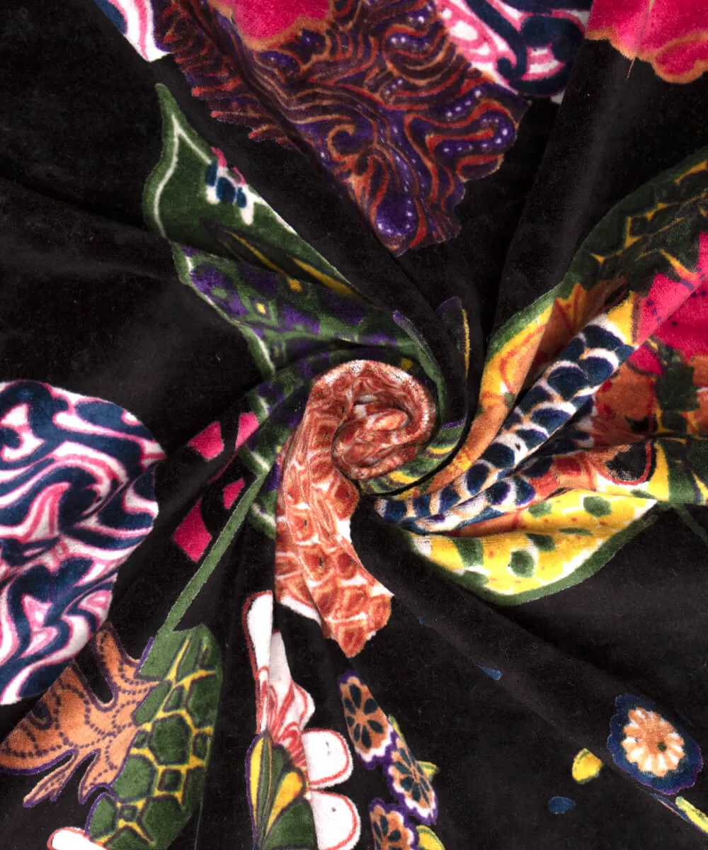 Black Colour Floral Digital Print Cotton Velvet Fabric