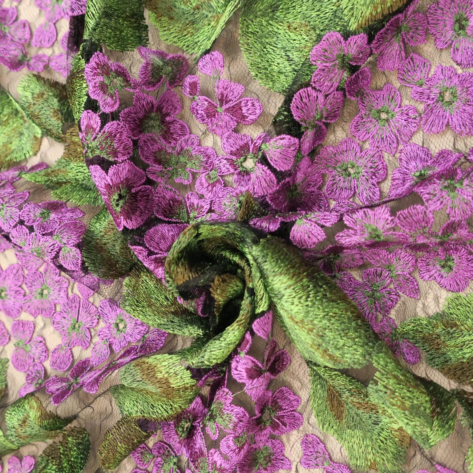 Black, Fuchsia and Green Floral Embroidered Tulle Fabric