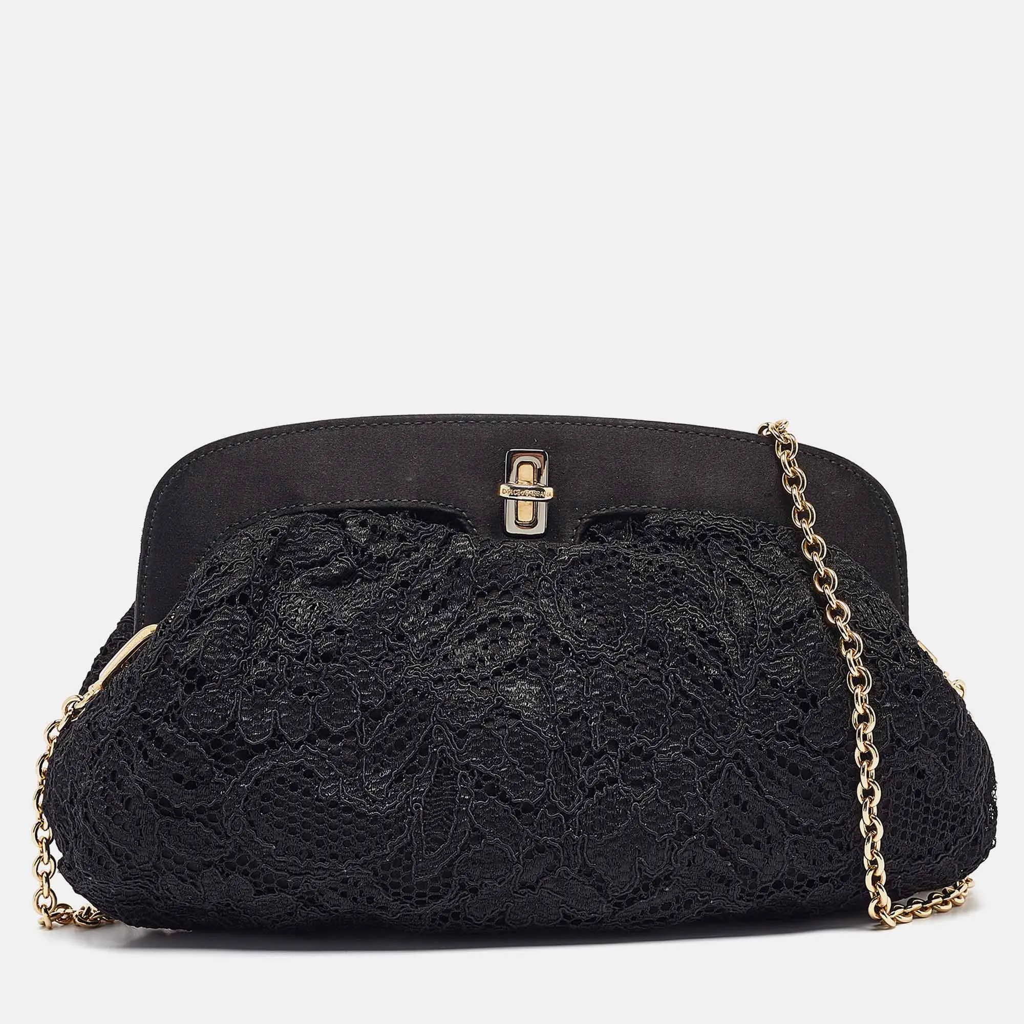 Black Lace and Satin Turnlock Frame Chain Clutch