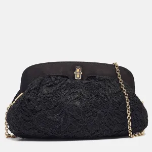 Black Lace and Satin Turnlock Frame Chain Clutch