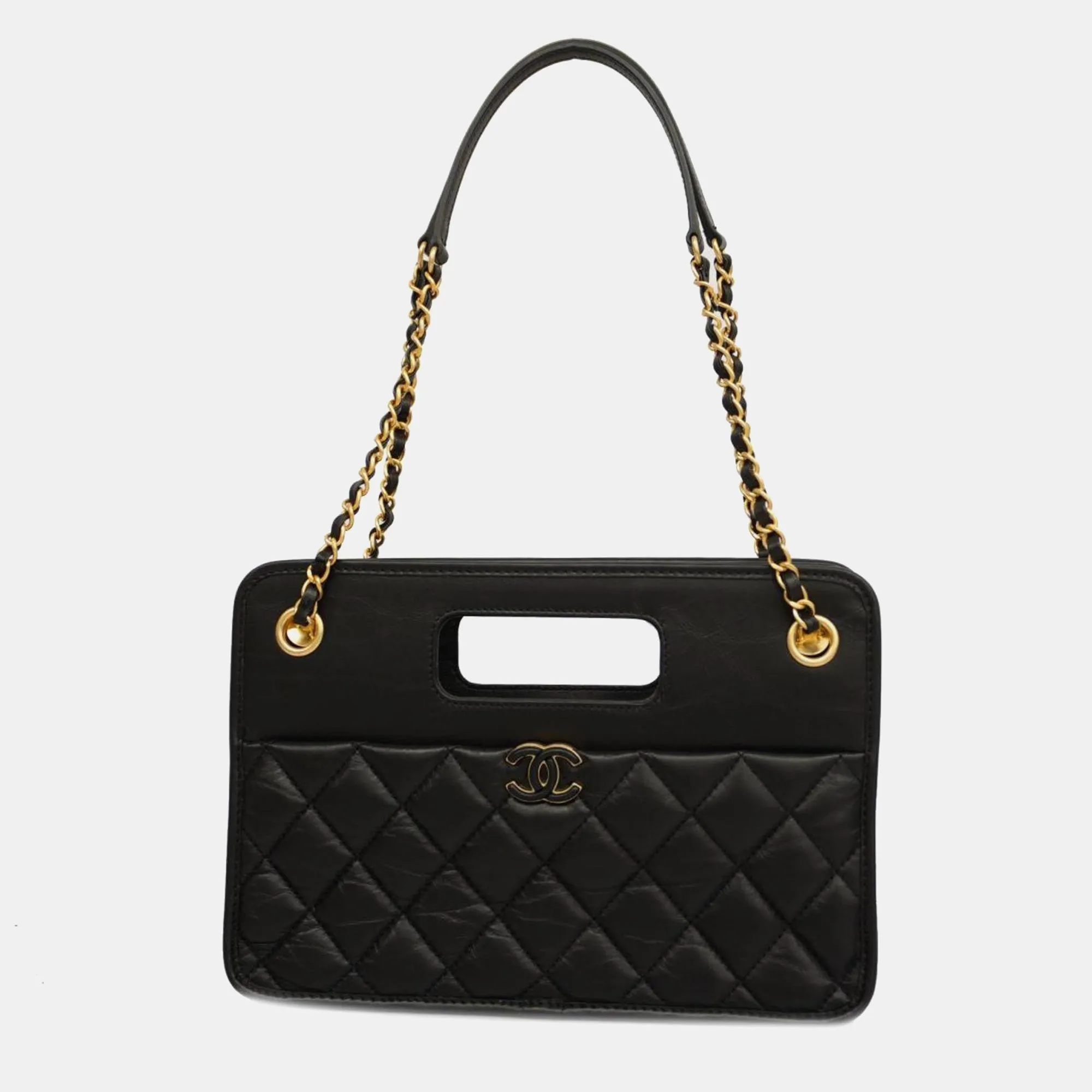 Black Lambskin Leather Graphic Catch Handle Bag
