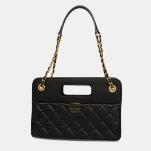 Black Lambskin Leather Graphic Catch Handle Bag
