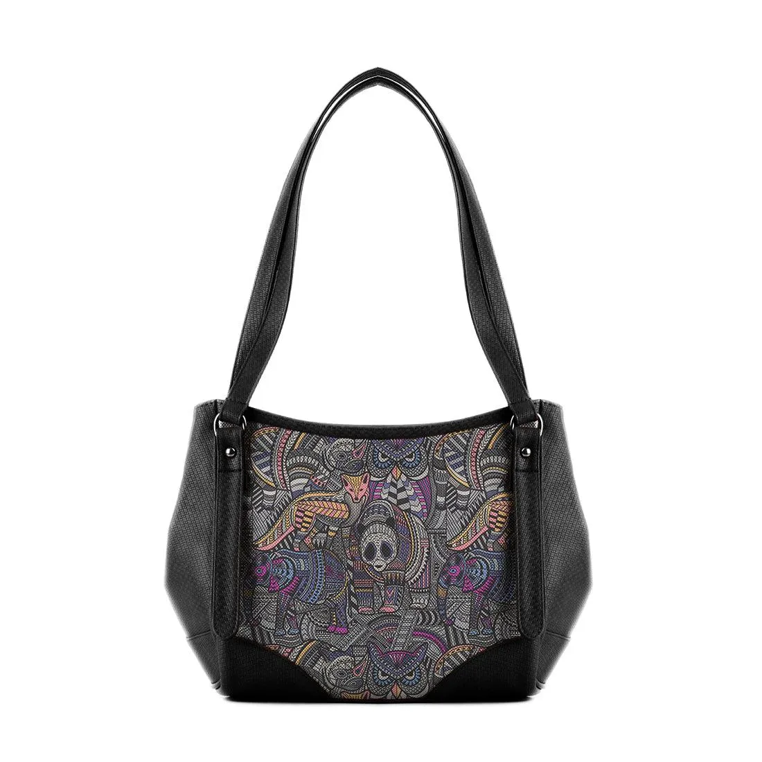 Black Leather Tote Bag Animals Tribal