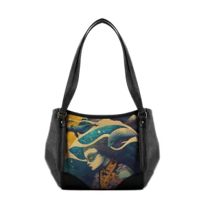 Black Leather Tote Bag Head in sea