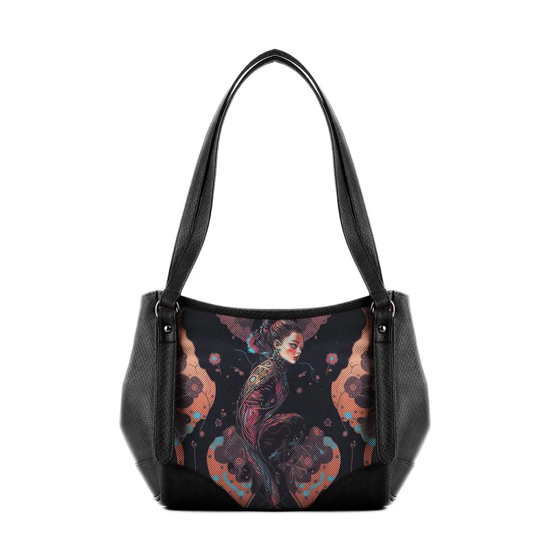 Black Leather Tote Bag Lotus Head