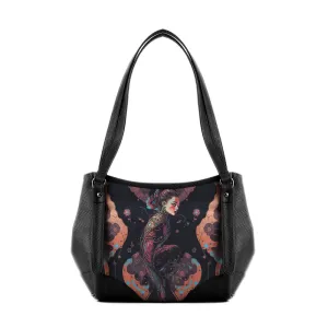 Black Leather Tote Bag Lotus Head