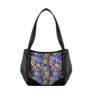 Black Leather Tote Bag Purple Floral