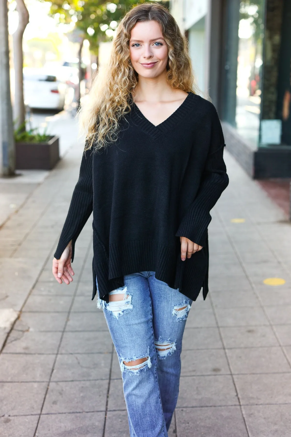 Black Oversized V Neck Rib Knit Sweater