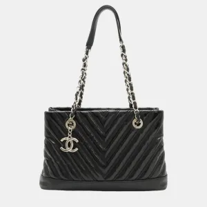 Black Patent Chevron Small Shopping Tote Bag