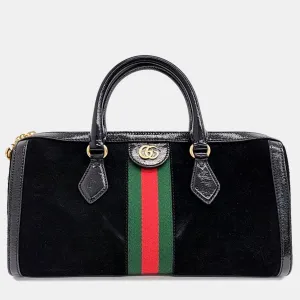 Black Velvet/Leather Ophidia GG Medium Top Handle Bag
