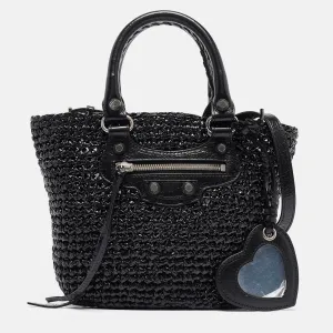 Black Woven Leather and Straw Le Cagole Basket Tote