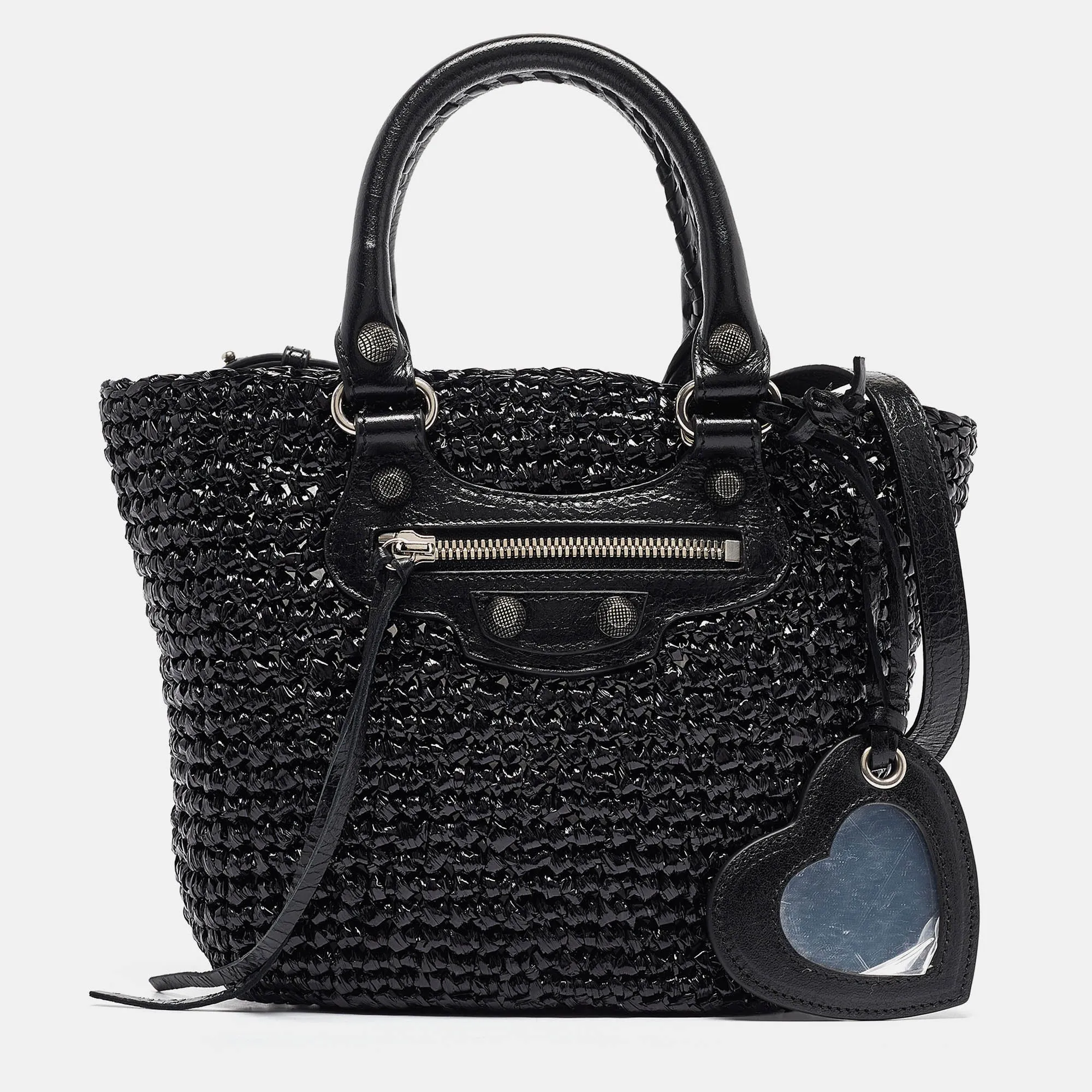 Black Woven Leather and Straw Le Cagole Basket Tote