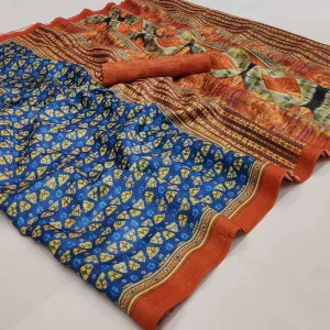 Blue Geometric Printed Pure Cotton Saree