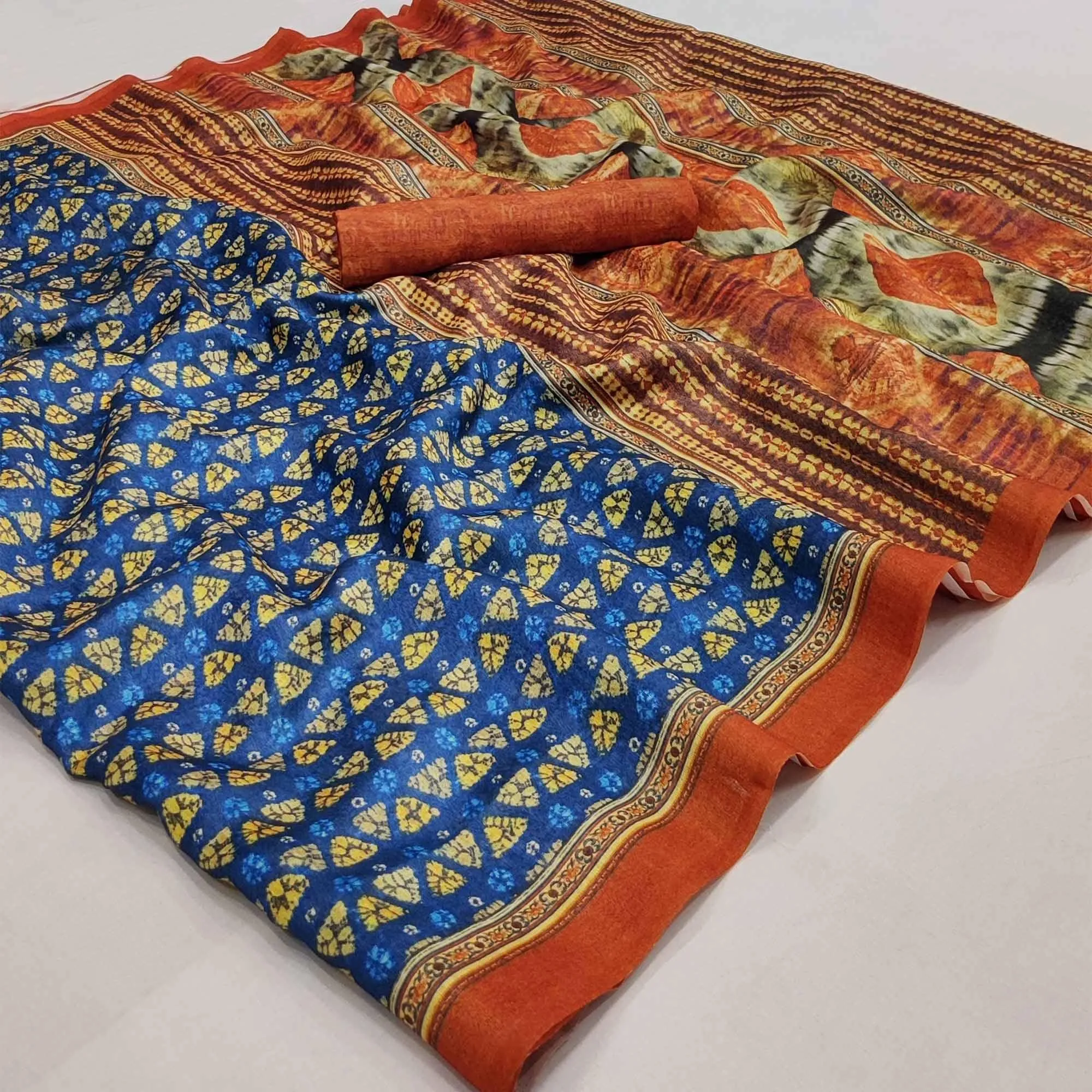 Blue Geometric Printed Pure Cotton Saree
