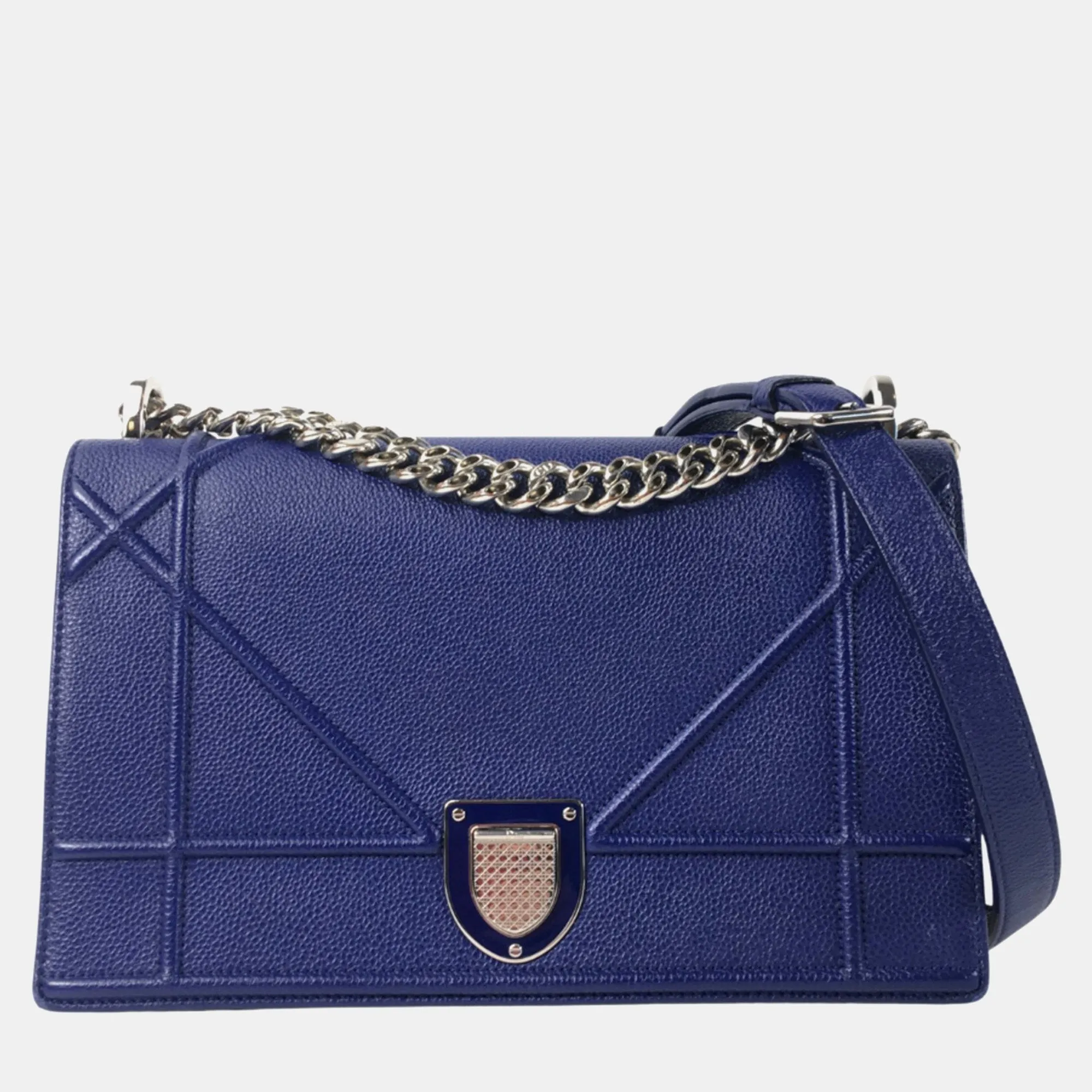 Blue Grained Calfskin Leather Medium Diorama Shoulder Bag
