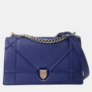 Blue Grained Calfskin Leather Medium Diorama Shoulder Bag