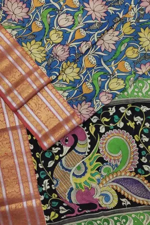 Blue Kalamkari Hand Painted Silk Saree