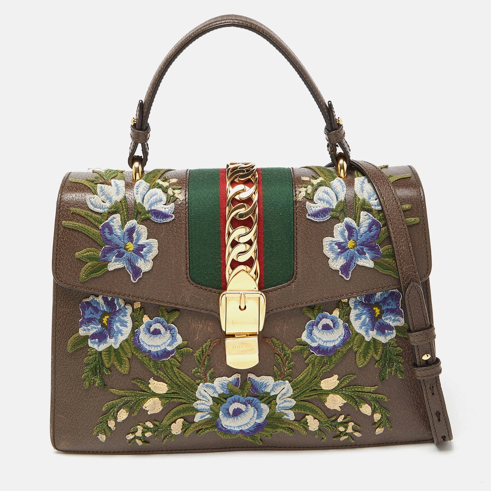 Brown Floral Embroidered Leather Medium Sylvie Top Handle Bag