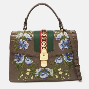 Brown Floral Embroidered Leather Medium Sylvie Top Handle Bag