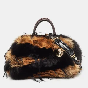 Brown/Black Fur Charm Frame Satchel