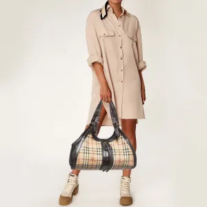 BURBERRY Brown/Beige Haymarket Check Coated Canvas Tassel Satchel