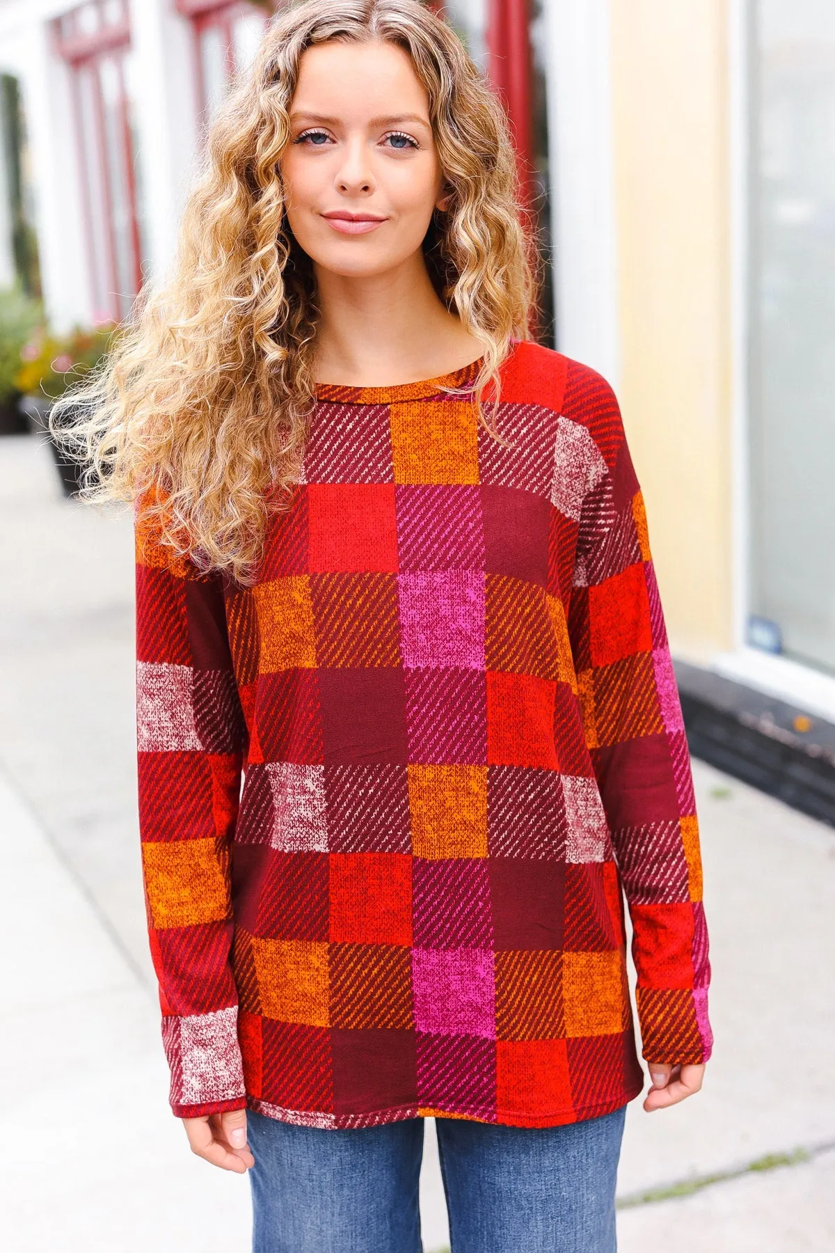 Burgundy Checker Plaid Print Hacci Knit Top