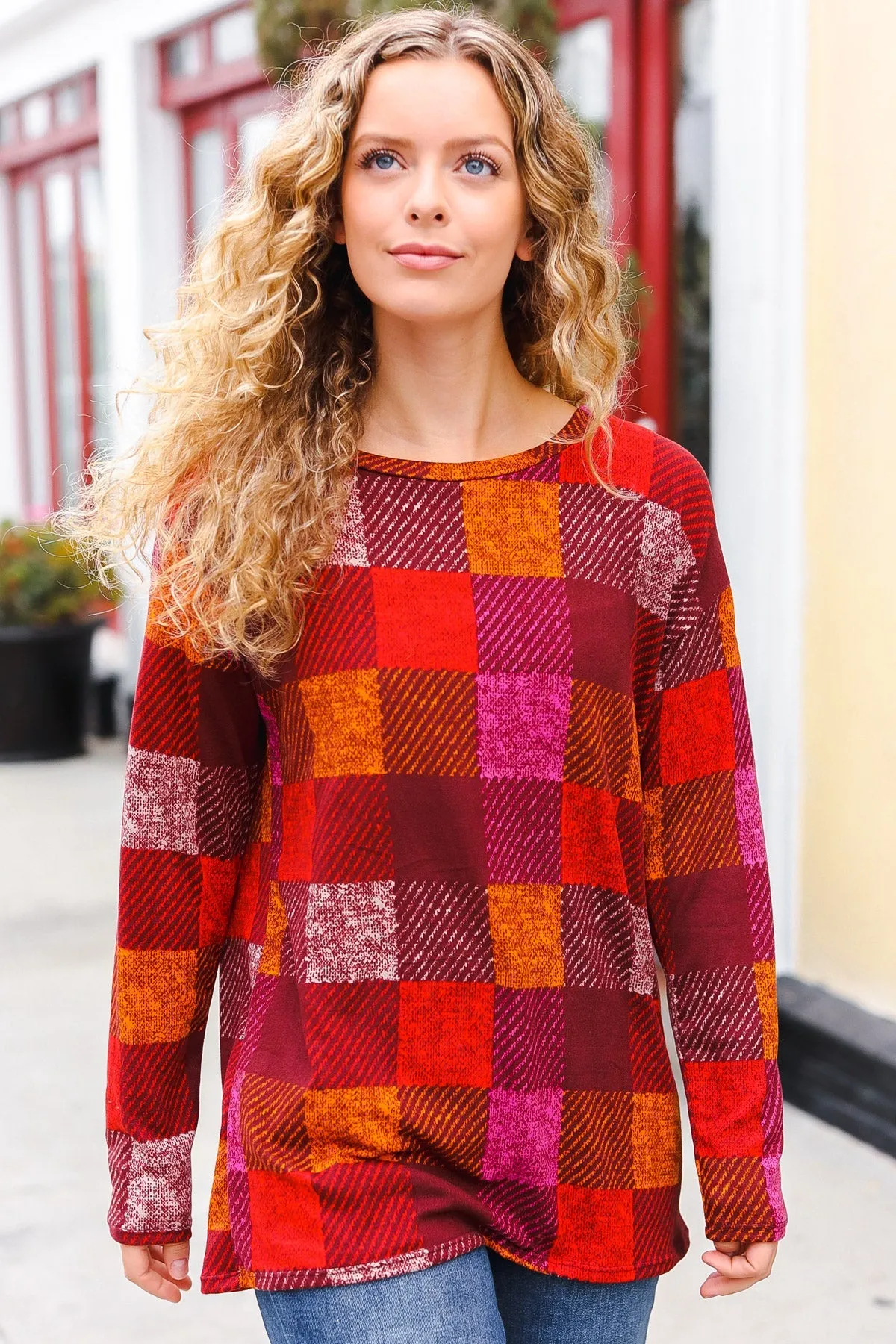 Burgundy Checker Plaid Print Hacci Knit Top