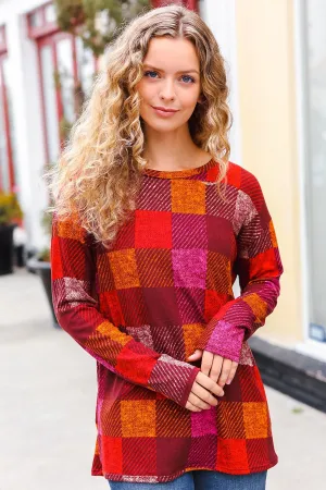 Burgundy Checker Plaid Print Hacci Knit Top