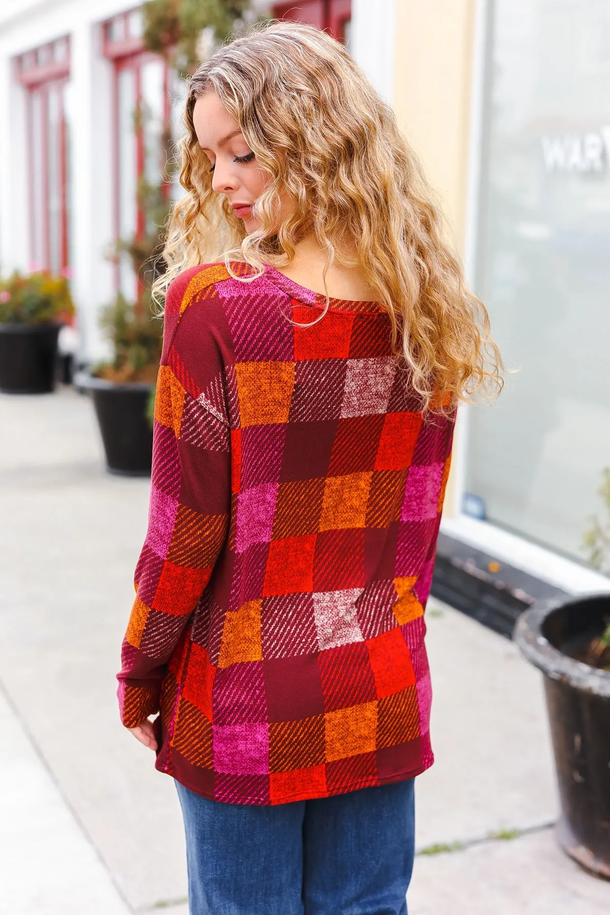 Burgundy Checker Plaid Print Hacci Knit Top