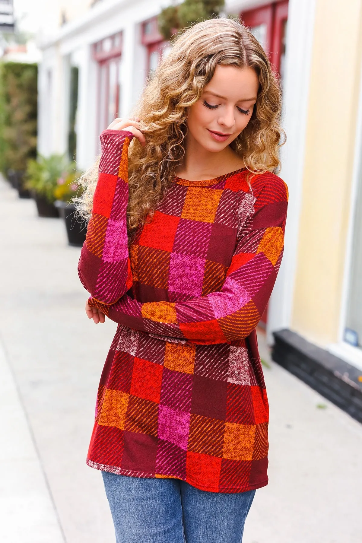 Burgundy Checker Plaid Print Hacci Knit Top
