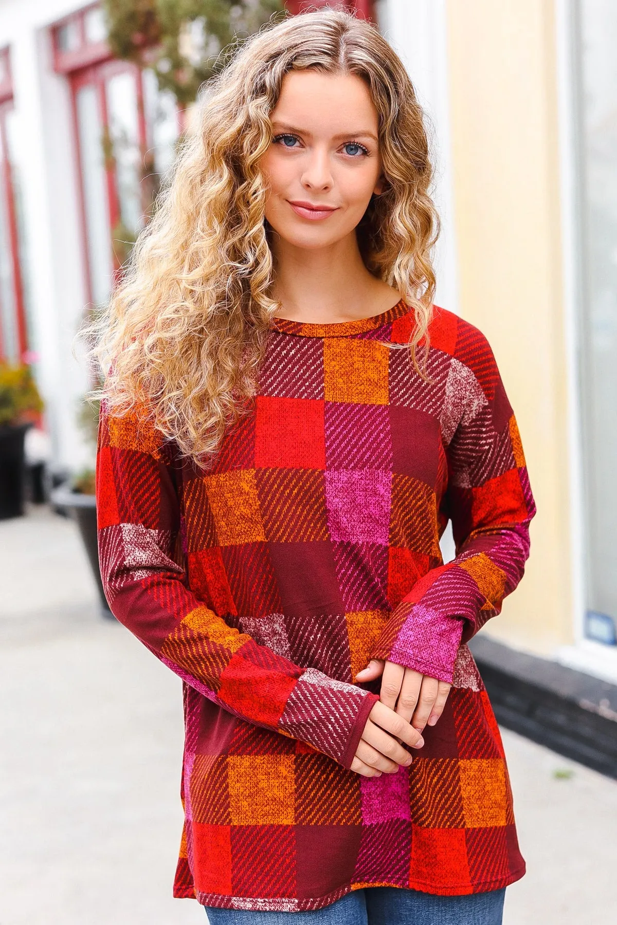 Burgundy Checker Plaid Print Hacci Knit Top