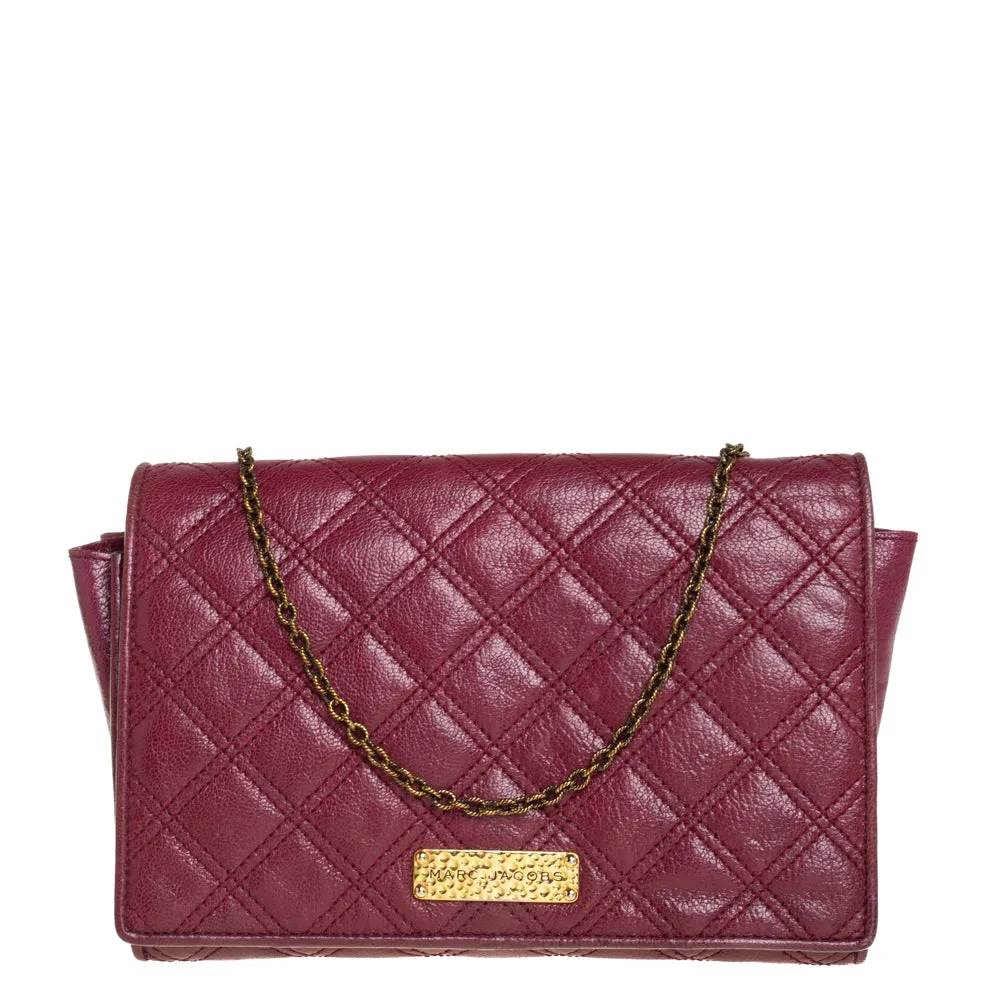 Burgundy Quilted Leather Flap Chain Clutch