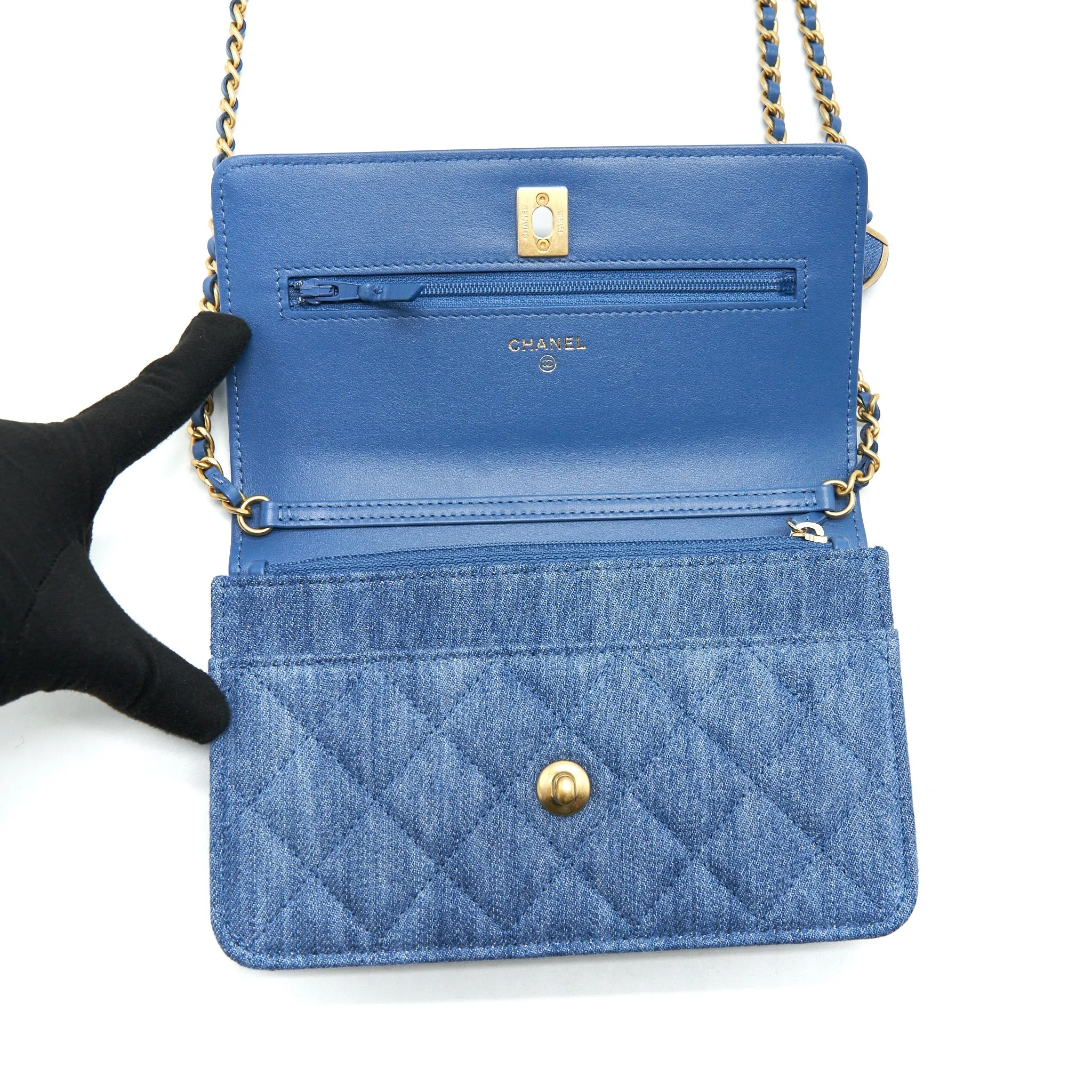 Chanel 22C Pearl Crush  Wallet On Chain Denim GHW