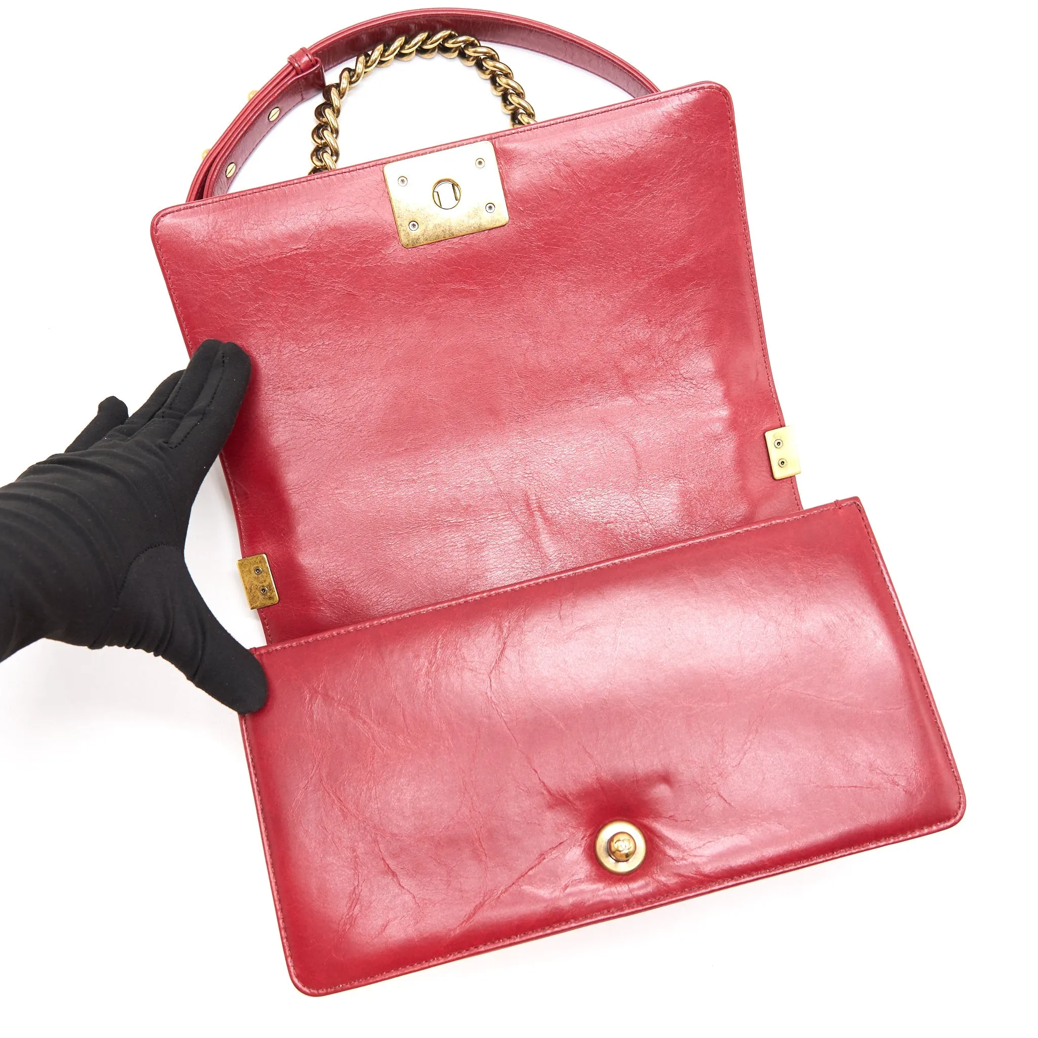 CHANEL Glazed Calfskin Medium LeBoy In Red Gold Hardware
