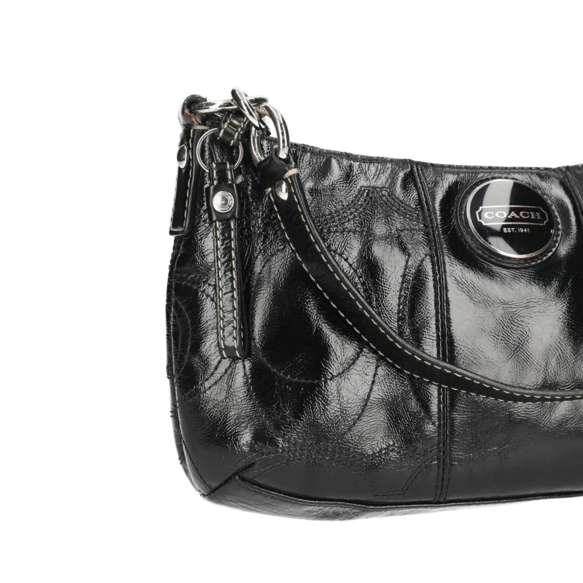 Coach Stitched Logo Shoulder Bags Leather Black Colour For Women