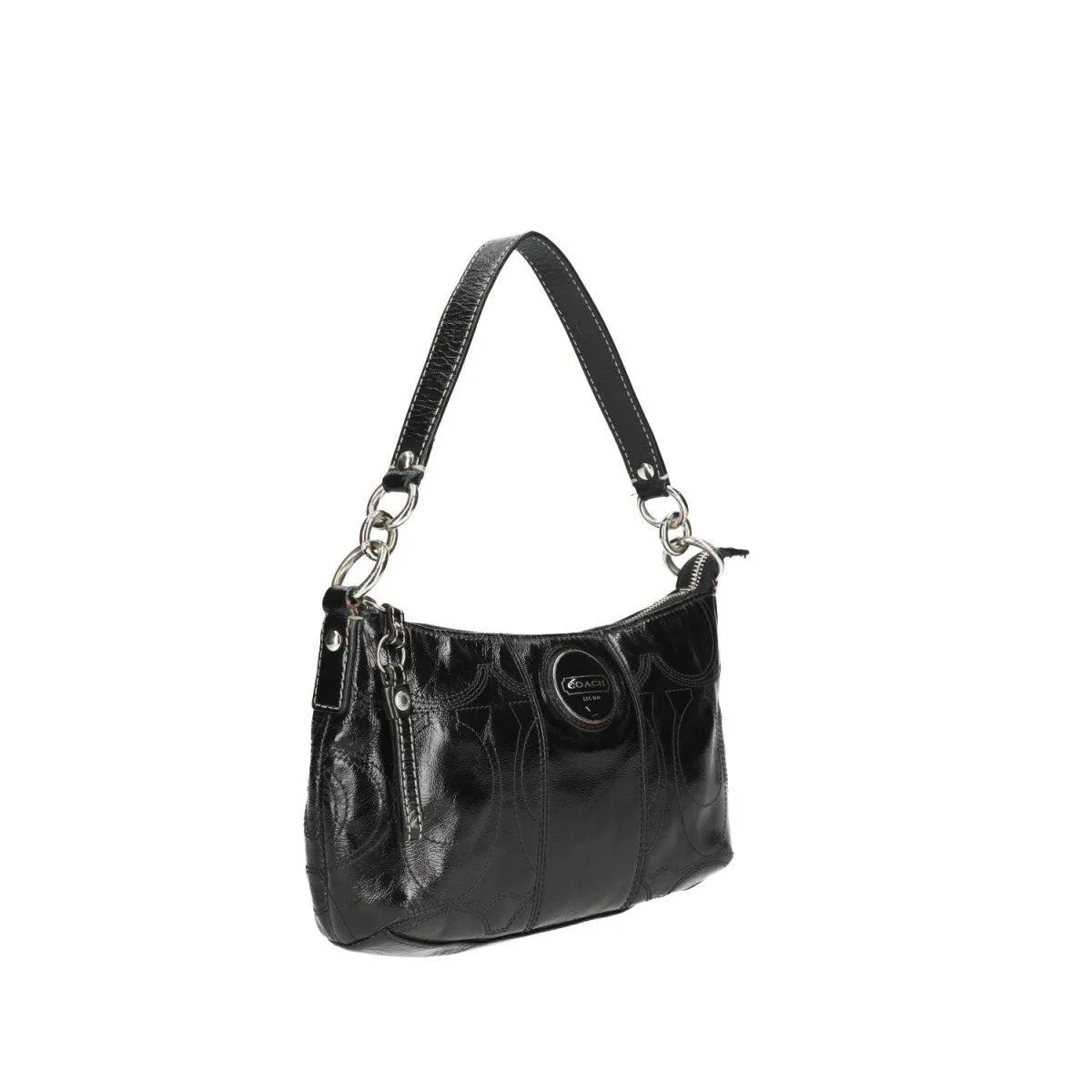 Coach Stitched Logo Shoulder Bags Leather Black Colour For Women