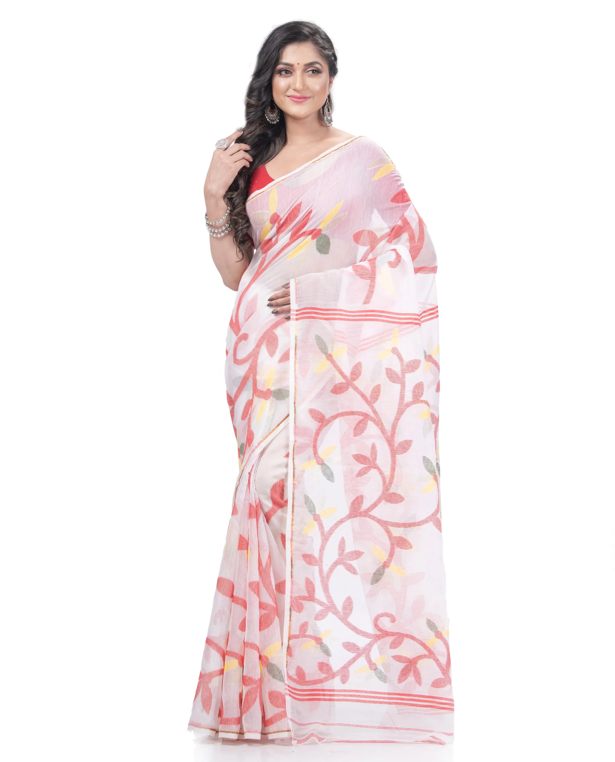Desh Bidesh Embellished Jamdani Handloom Muslin Saree (White)