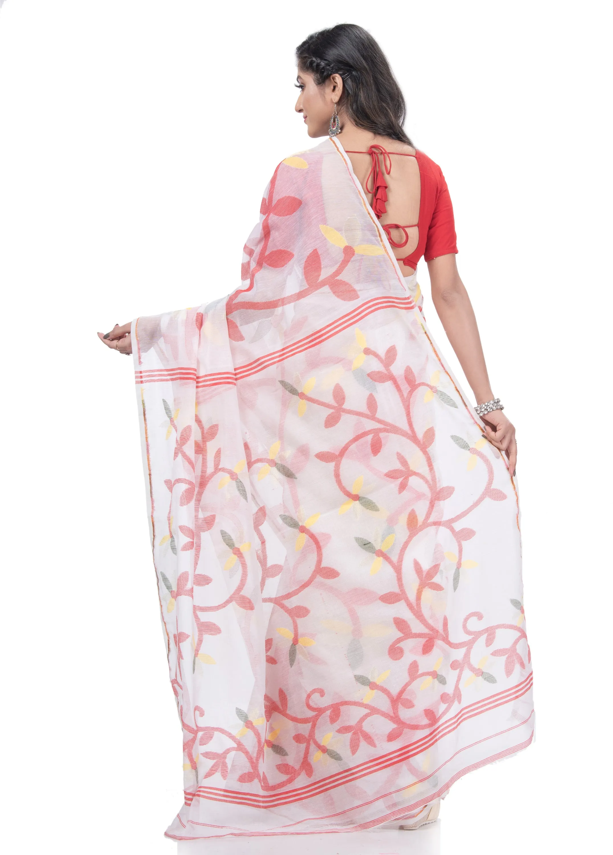 Desh Bidesh Embellished Jamdani Handloom Muslin Saree (White)