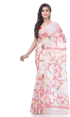 Desh Bidesh Embellished Jamdani Handloom Muslin Saree (White)