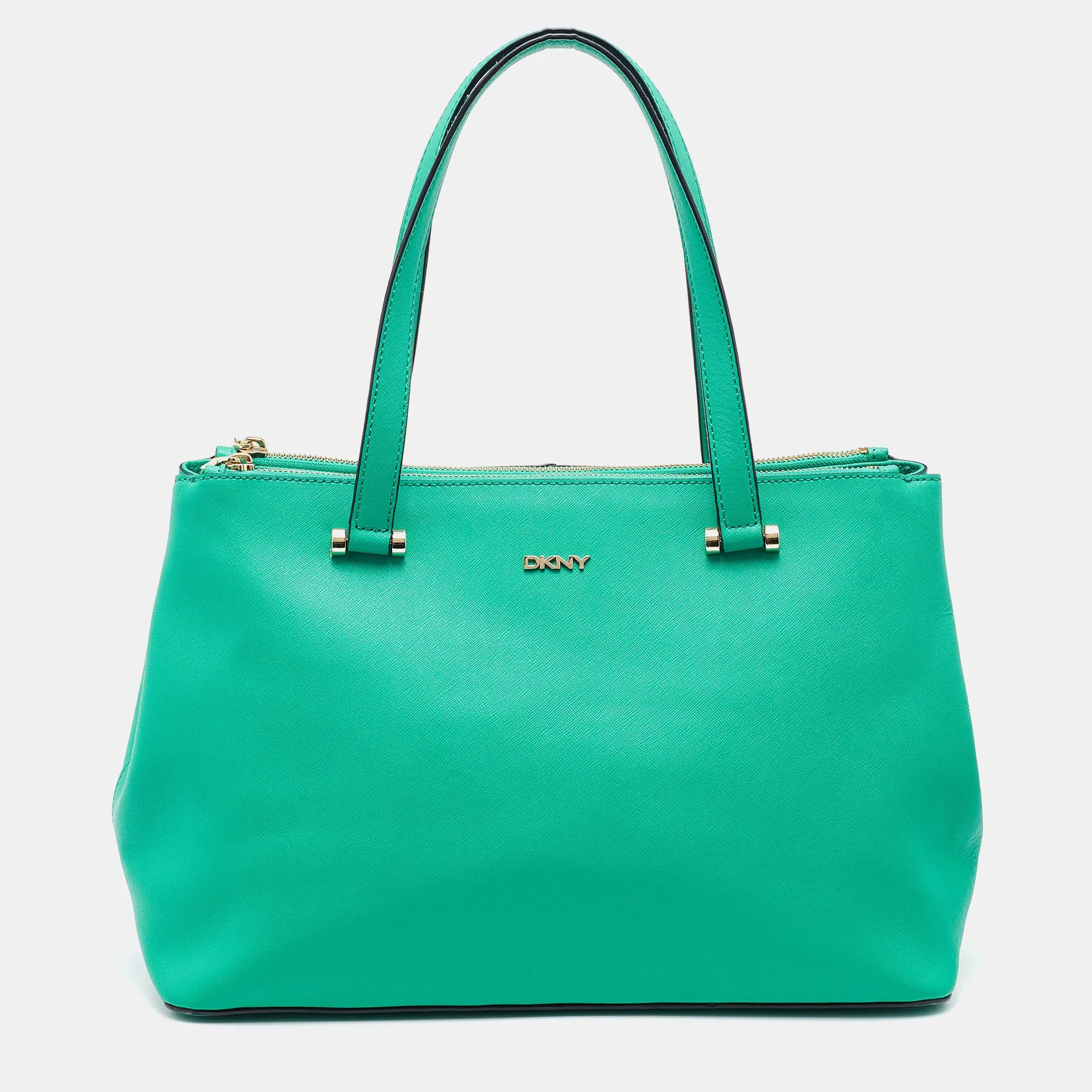 DKNY Green Saffiano Leather Double Zip Tote