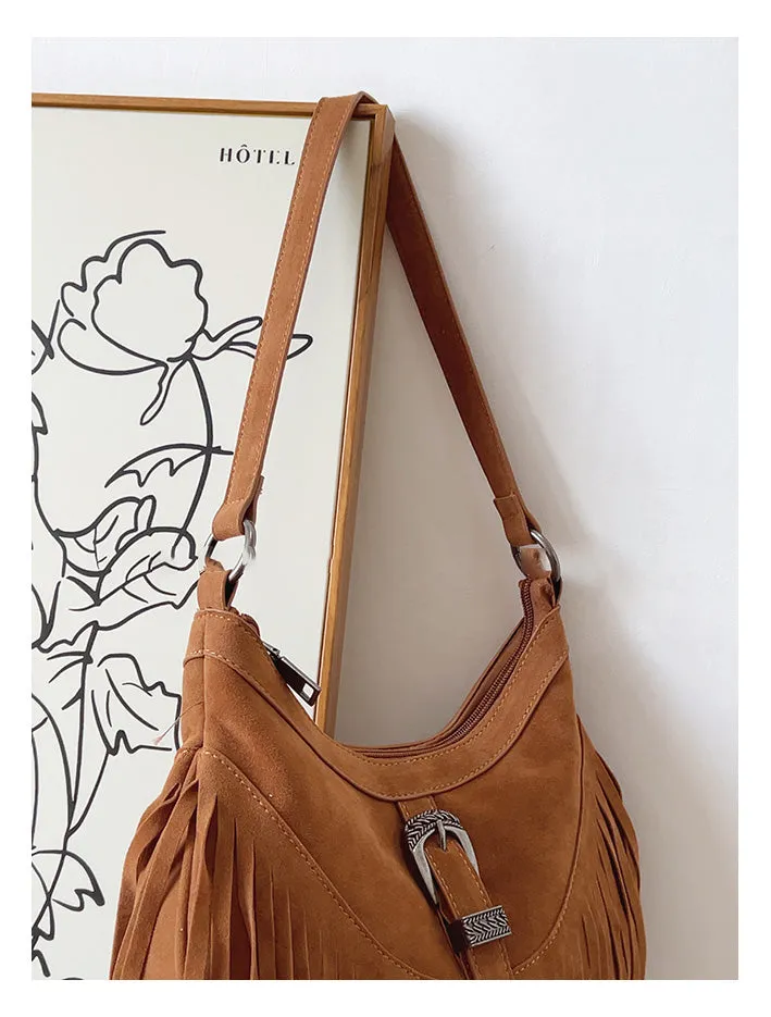 Elena Handbags Soft Suede Shoulder Bag with Tassel