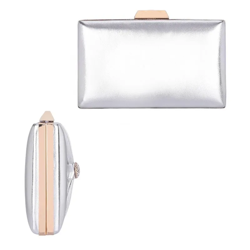 Faux Leather Womens Party Clutch with Chain Strap | 21x3x13 cm | Silver