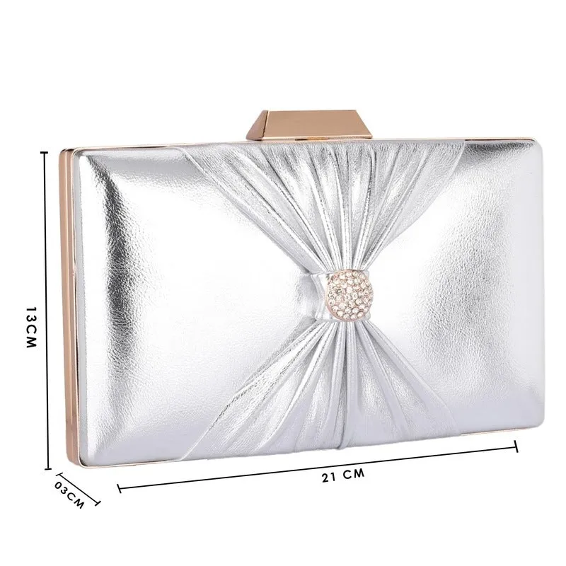 Faux Leather Womens Party Clutch with Chain Strap | 21x3x13 cm | Silver