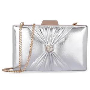 Faux Leather Womens Party Clutch with Chain Strap | 21x3x13 cm | Silver