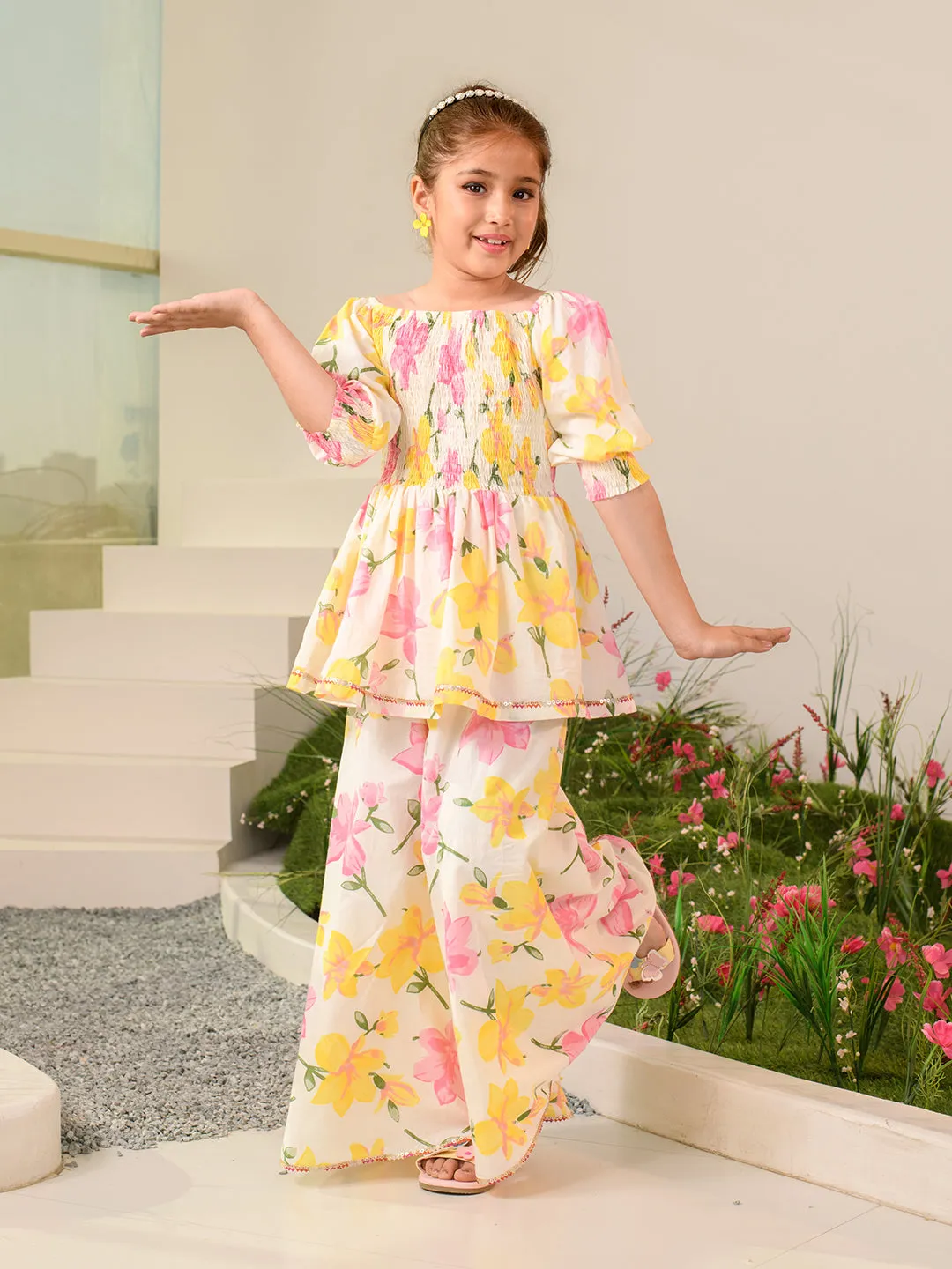 Girls Floral Printed Regular Pure Cotton Kurta With Palazzos - Ps Peaches