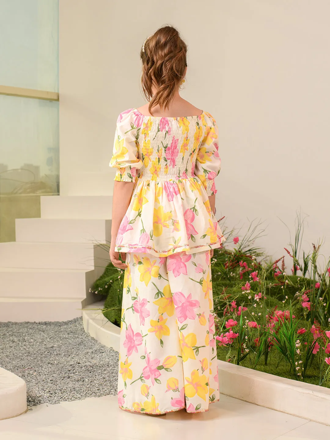 Girls Floral Printed Regular Pure Cotton Kurta With Palazzos - Ps Peaches