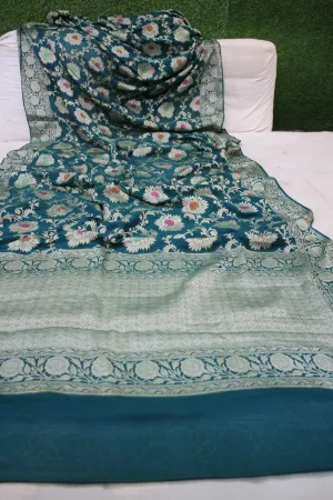 Greenish Blue Charm: Pure Khaddi Georgette Banarasi Sari